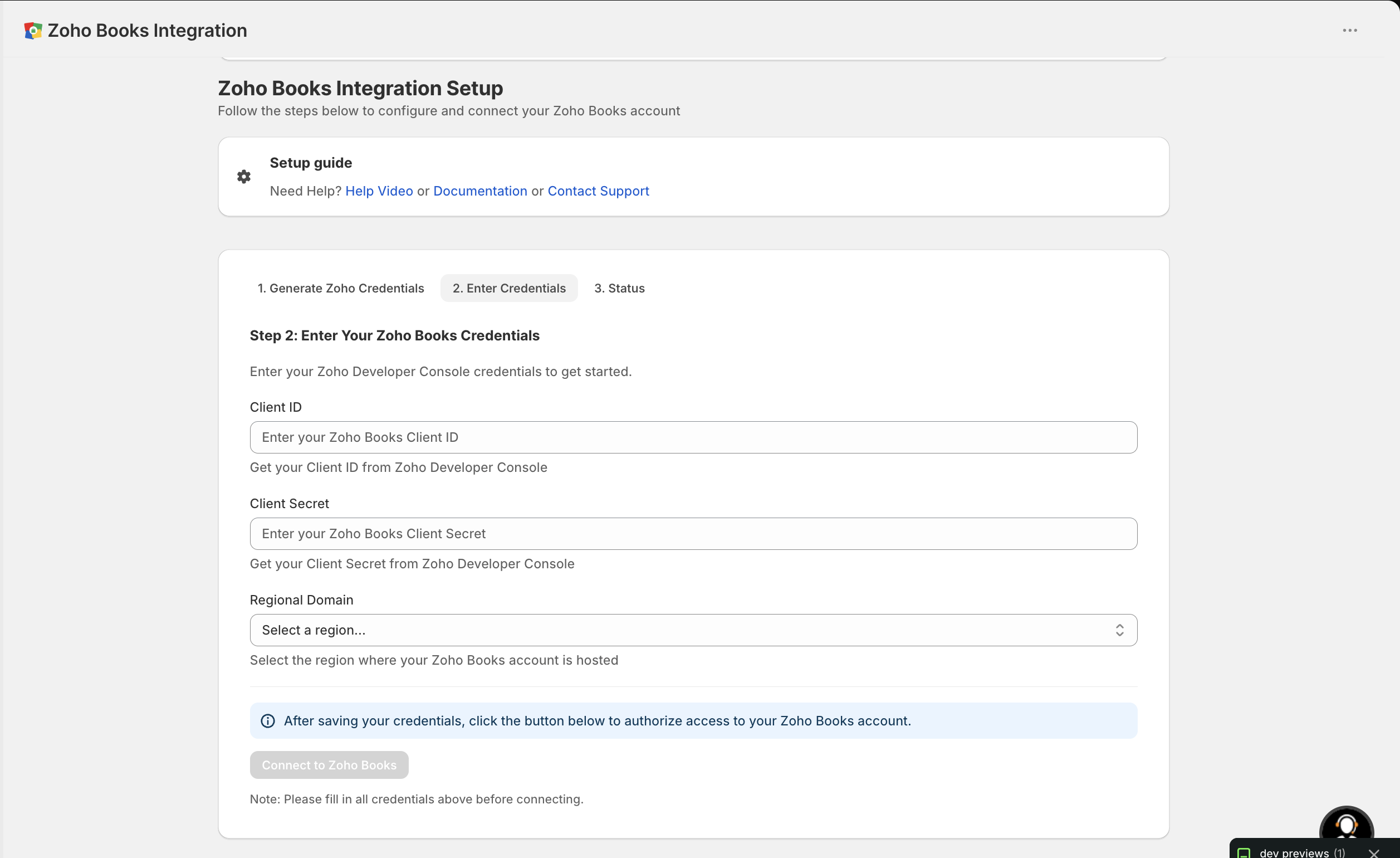 Tab 2 of the advanced panel, Enter Credentials, with empty Client ID and Client Secret fields, a Regional Domain dropdown, and a disabled Connect to Zoho Books button.