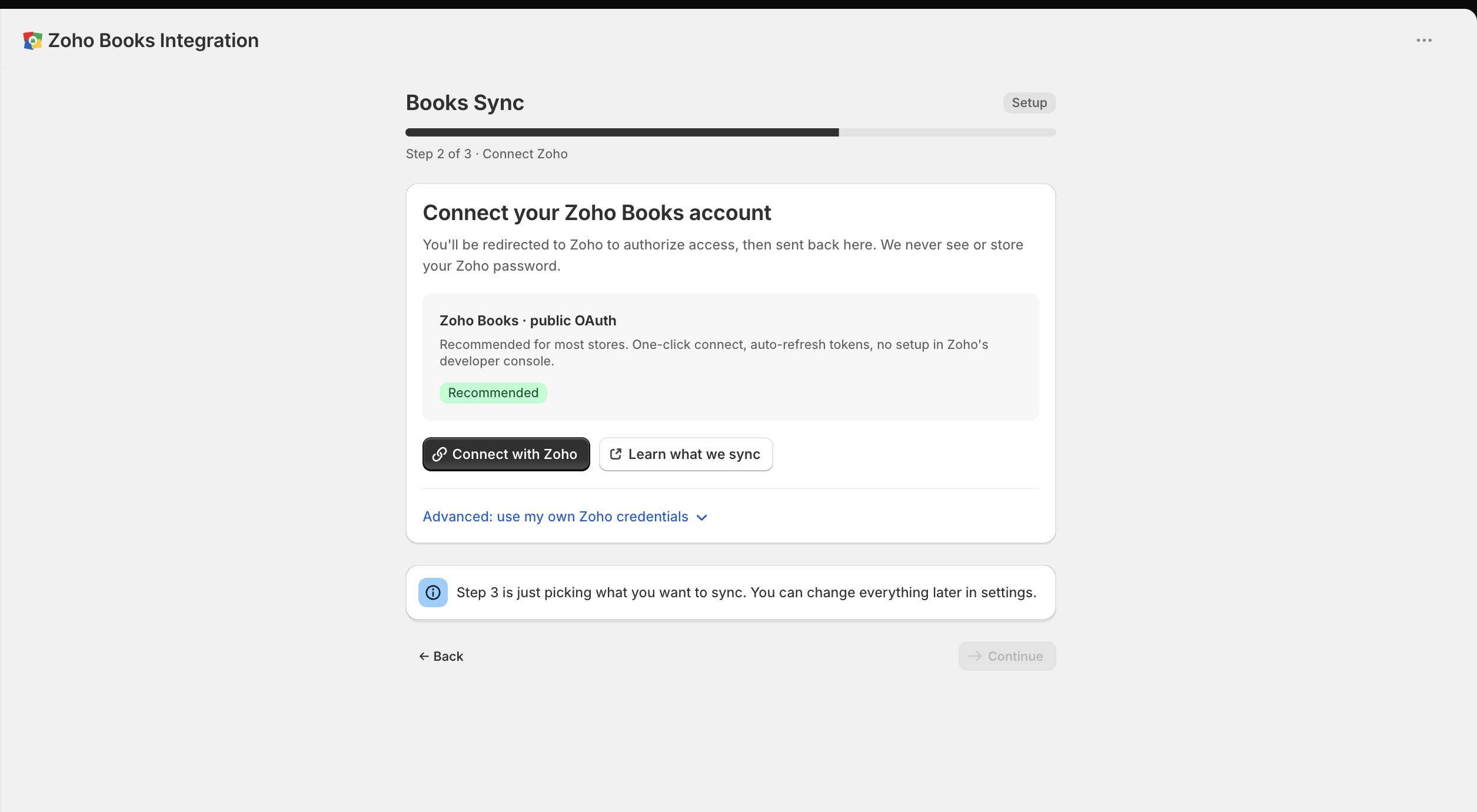 Step 2 of the setup wizard, headed Connect your Zoho Books account, with a Zoho Books public OAuth option marked Recommended and a Connect with Zoho button.